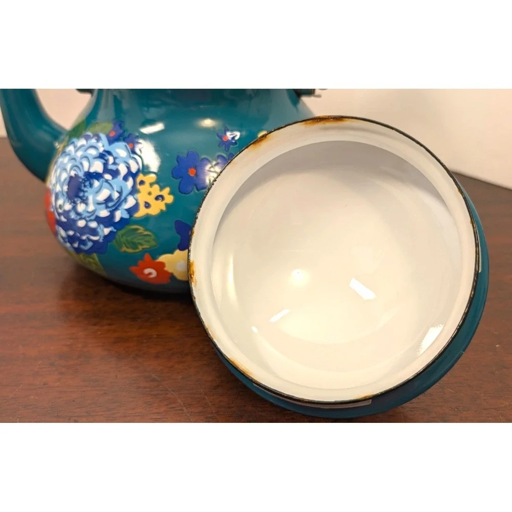 Pioneer Woman 2 QT Dazzling Dahlia Tea Kettle Enamel Steel Teal Floral 3215JOC